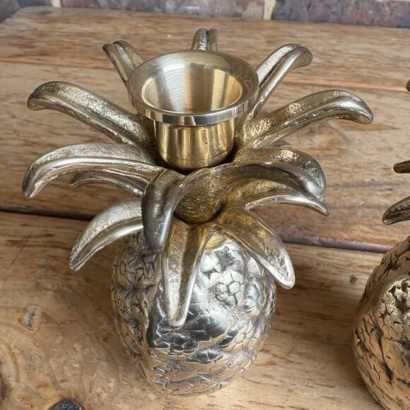Vintage MCM Solid Brass Pineapple Candlestick Holders Set Of 2 - Picture 7 of 11